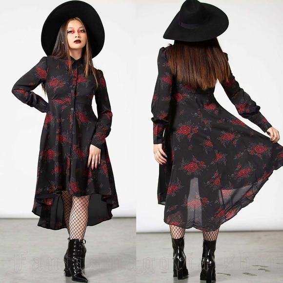 Killstar Dresses & Skirts - Killstar Red Rose Skull Pentagram High Low Midi Dress Pandora Shirt Dress L